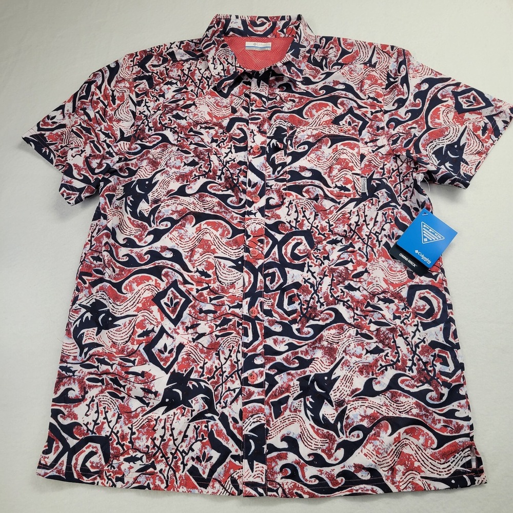 Columbia PFG Mens Medium Omni-Wick Fishing Shirt Red White Blue Marlin Print NWT